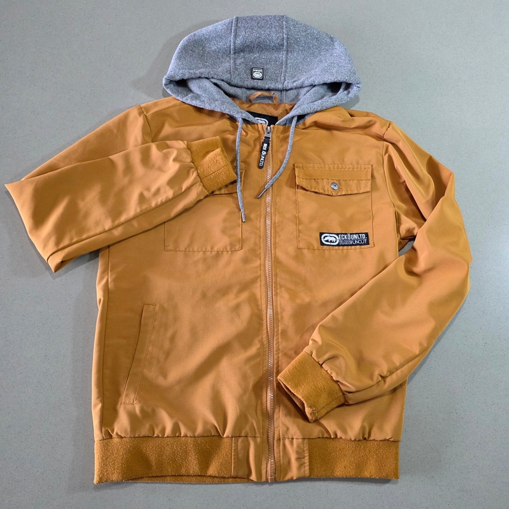 Ecko Unltd Mens Hooded Bomber Jacket Mustard Yellow Full Zip Windbreaker Small